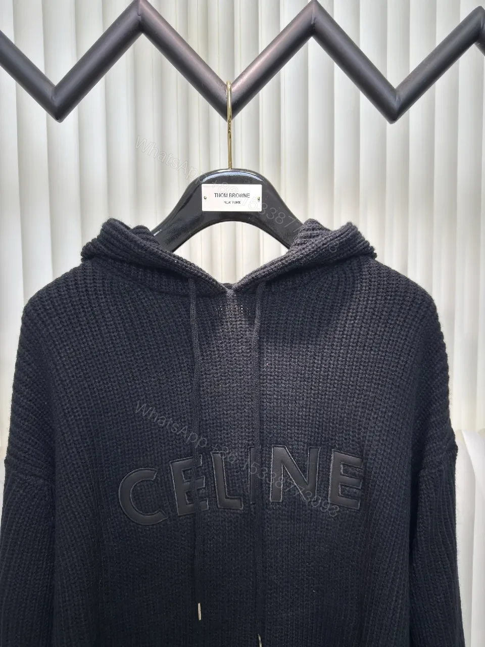 View 5 of Chunky Knit Hoodie in Deep Black with Subtle Logo Embossing, Modern Luxe