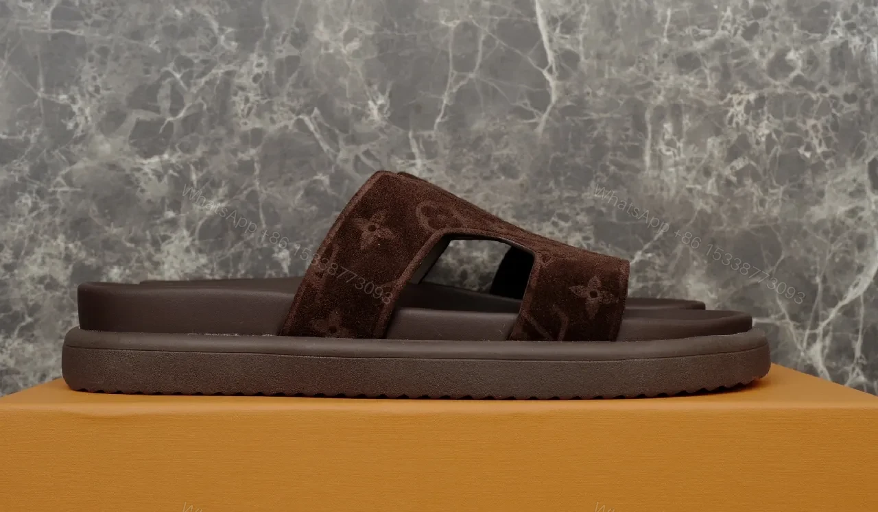 View 3 of Brown Monogram Sandals | Suede Straps | Casual Luxury Slides