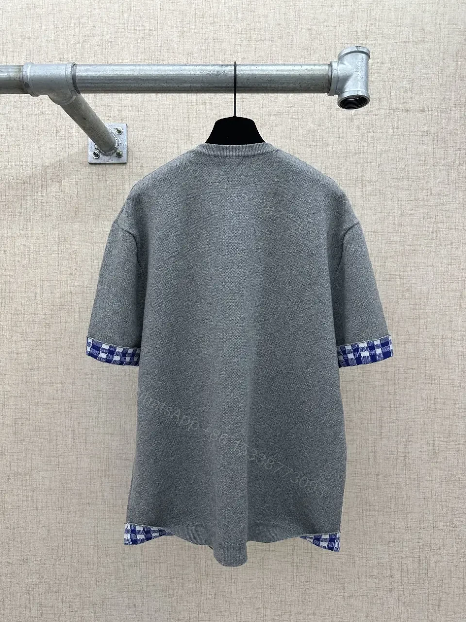 View 2 of Grey Knit Dress with Logo & Gingham Cuffs - Luxe Streetwear Style