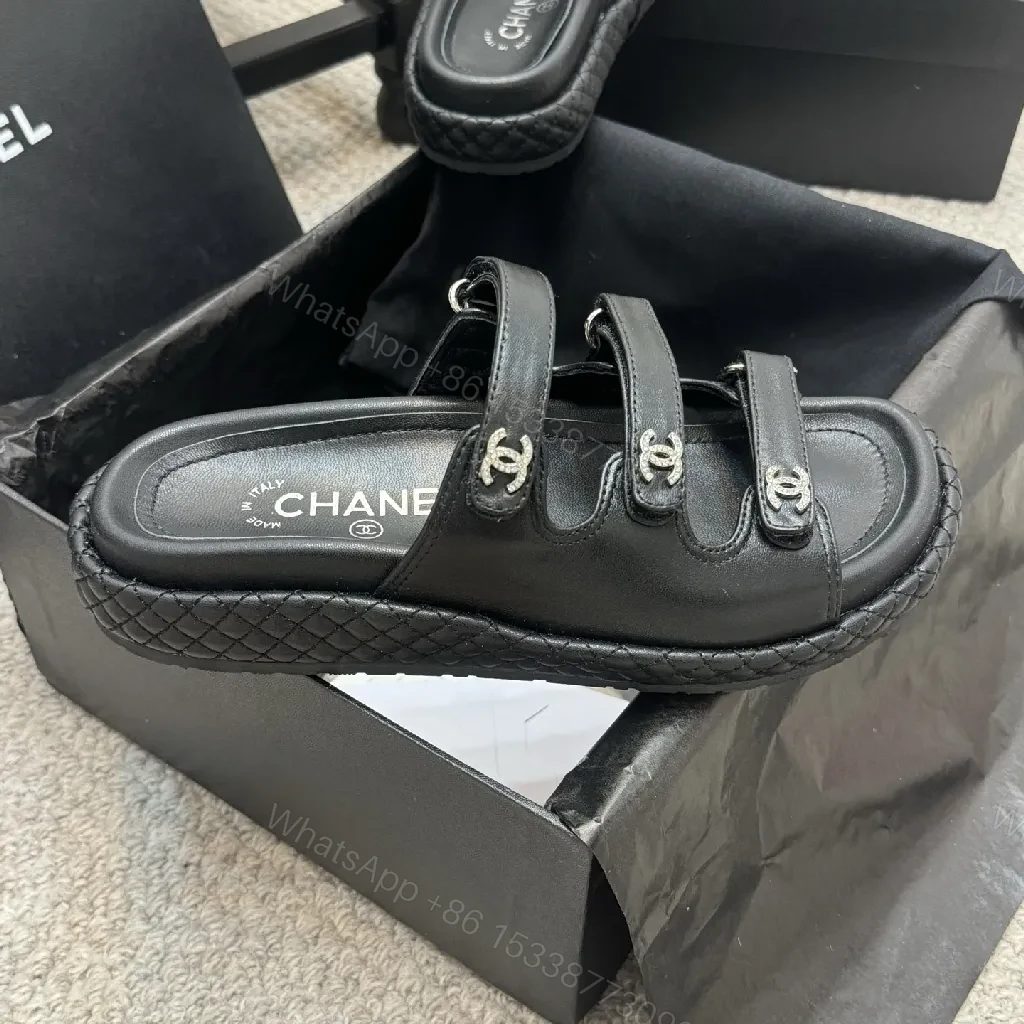 View 6 of Minimalist Black Leather Sandals with Subtle Logo Hardware