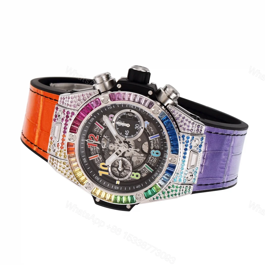 View 6 of Hublot Big Bang Rainbow Replica 45MM Premium Gem Bezel Orange Purple Leather Strap Edition RG-HUBLOT-RAINBOW-45