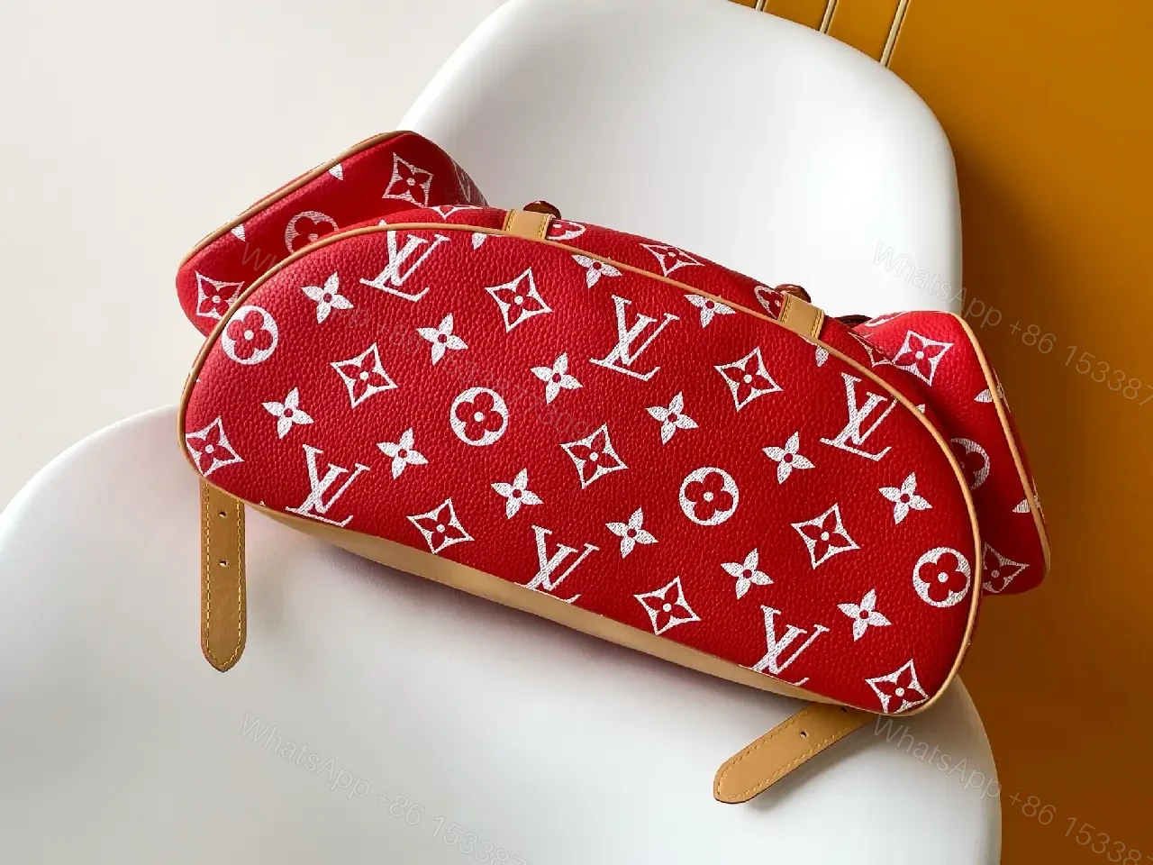 View 4 of Red Knit Luxury Backpack: Monogram Gold Hardware Backpack