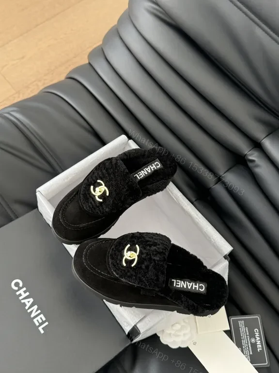 View 5 of Velvet Trim Slippers - Chanel-Inspired, Gold Logo Slip-Ons