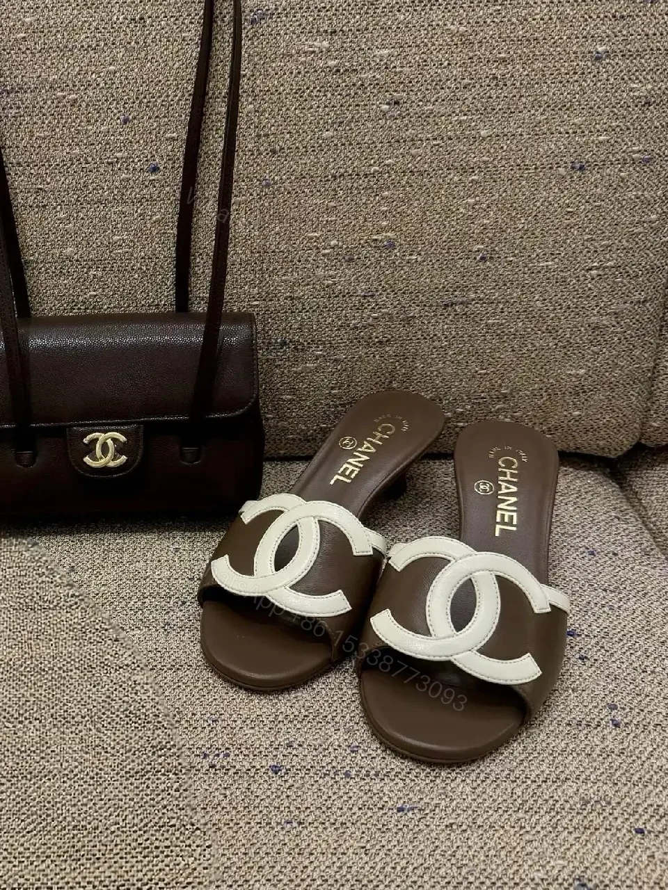 View 10 of Brown Leather Slides White Logo Interlock Chanel Sliders