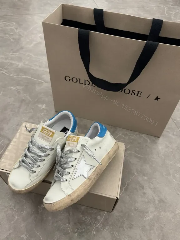 View 4 of Premium Off-White + Leather Sneaker with Blue Heel & Star Details
