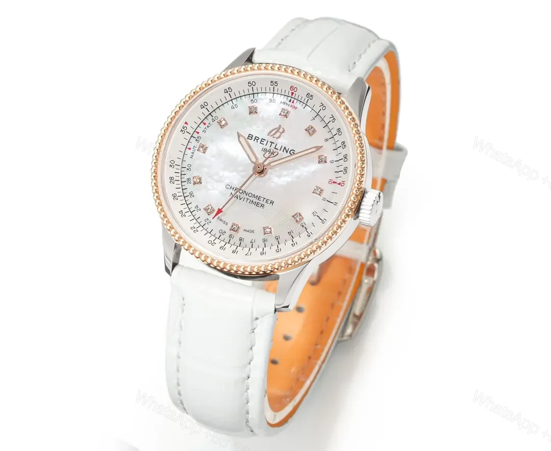 View 2 of JF Factory Breitling Women’s Navitimer Automatic Chronograph Watch – White Mother-of-Pearl Dial, Stainless Steel Case, White Leather Strap
