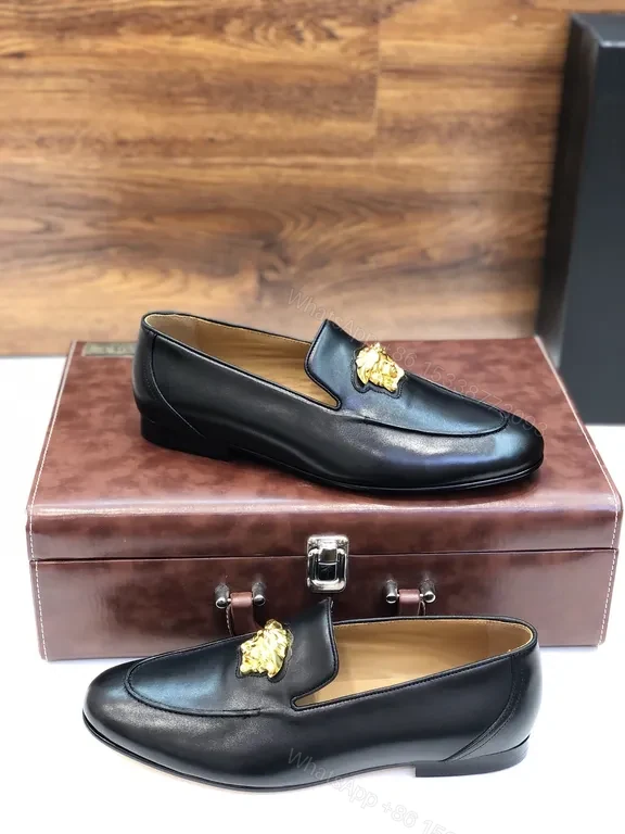 View 7 of Versace Black Leather Loafers with Gold Medusa Emblem