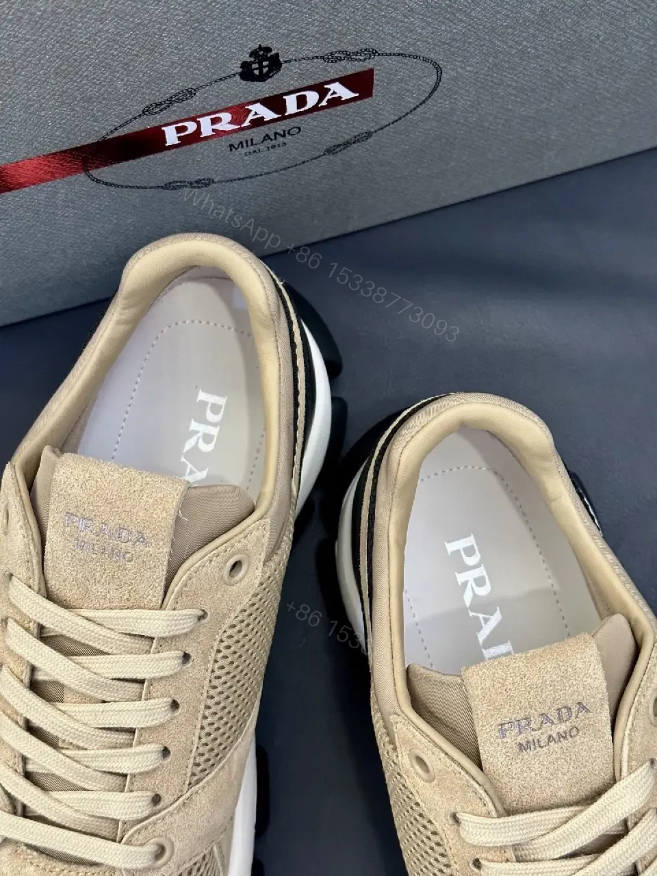 View 4 of Beige Mesh & Suede Sneakers, Lightweight Runner Style, Prada Lookalike