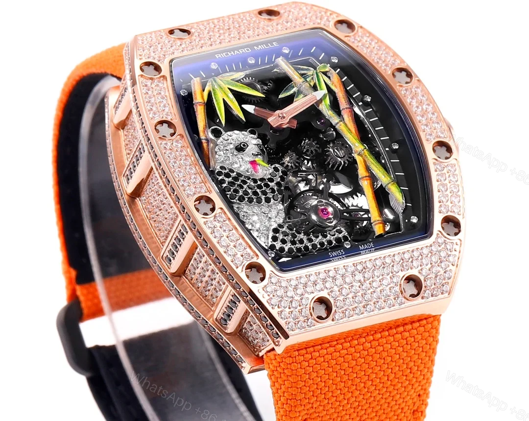 View 2 of Richard Mille RM26-01 Panda Tourbillon Watch Orange Strap Full Diamond Panda Art Dial 18K White Gold National Treasure Mechanical Edition RM26-01-PND-ORS