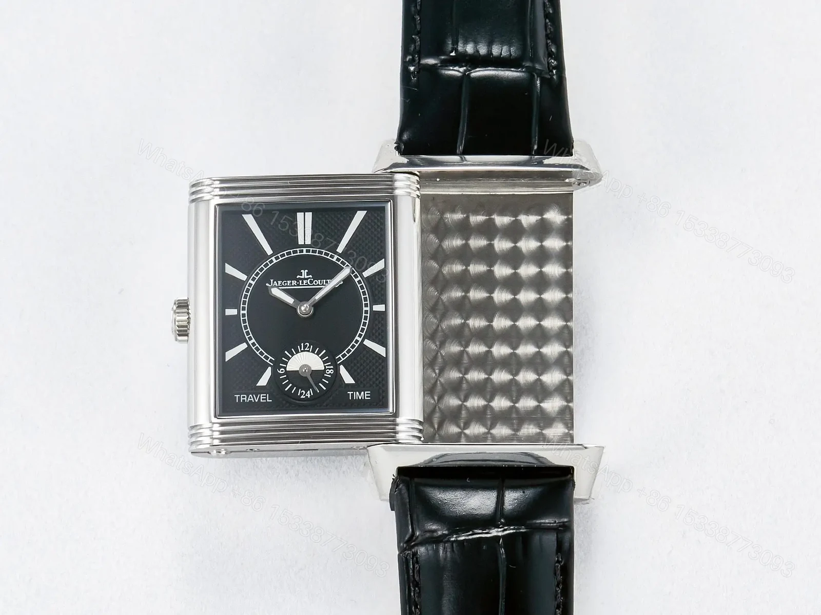 View 14 of Reverso Classic Duoface Small Seconds SS MGF Best Edition White Guilloché Dial on Black Leather Strap A854A