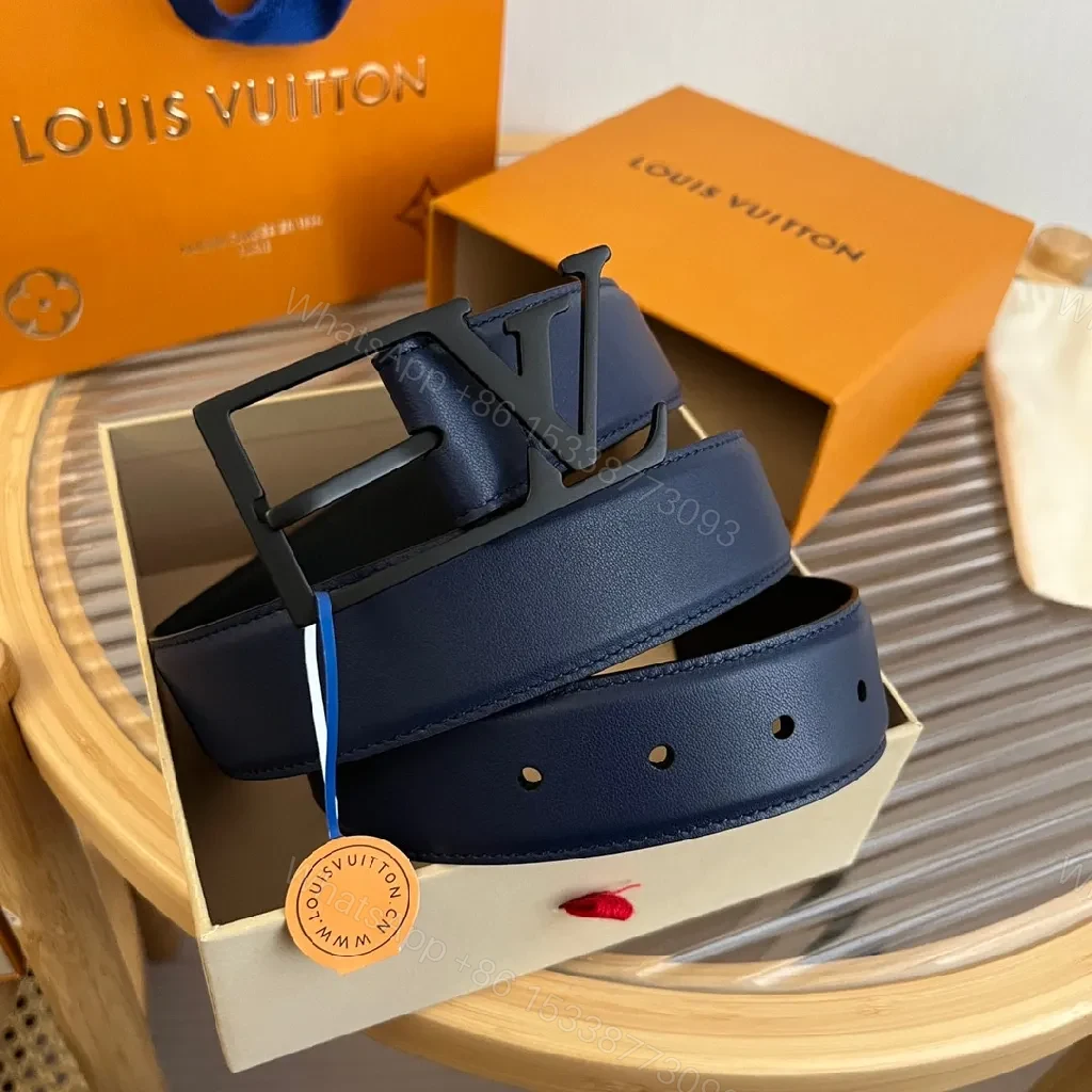 View 3 of Chic Navy Leather Belt with LV Buckle