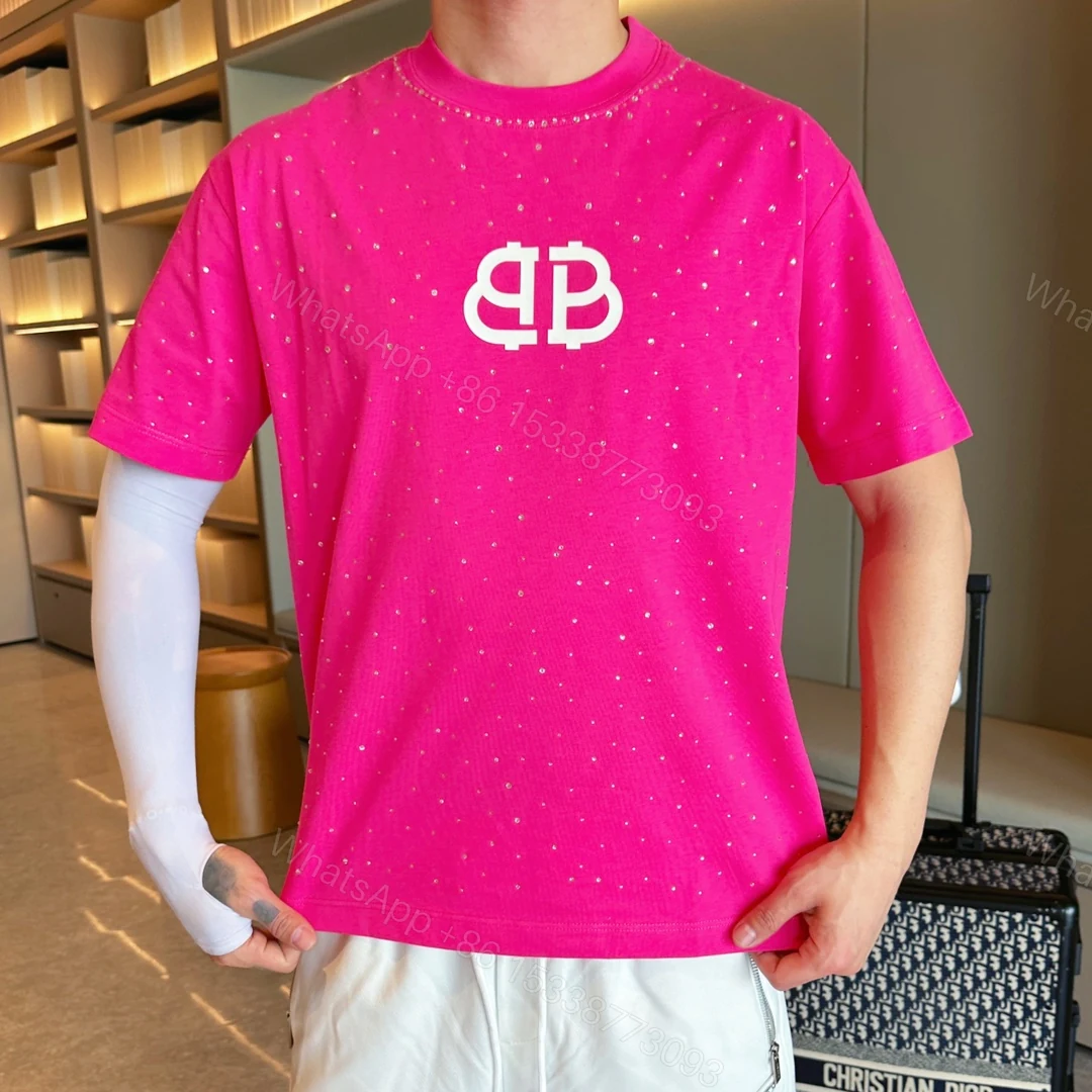 Balenciaga 一比一T恤 男款玫紅滿鑽BB LOGO寬鬆短袖 — view 1