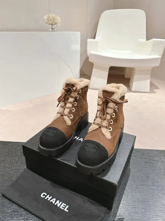 Chanel-Inspired Leather Boots with Plush Shearling — view 1