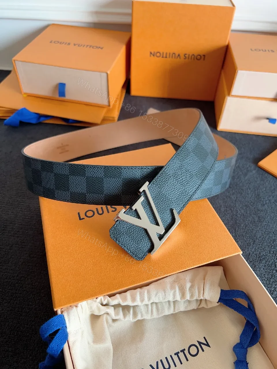 View 5 of Luxure Logic LV-Inspired Checkered Texture Belt – Premium Leather
