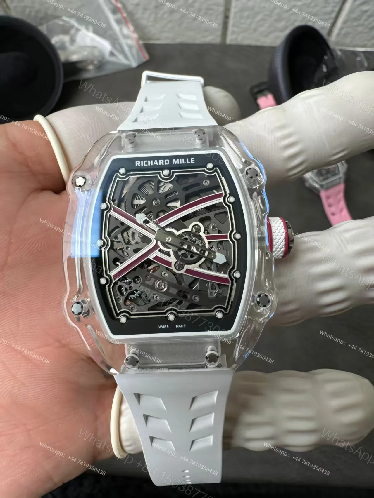 View 5 of Super Clone Richard Mille RM67-02 Sapphire Crystal Skeleton Tourbillon 1:1 Replica Watch with White Rubber Strap