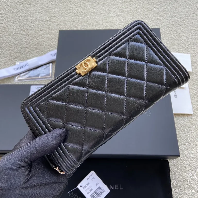 View 4 of Black Quilted Leather Wallet with Gold Chanel Hardware, Slim & Elegant