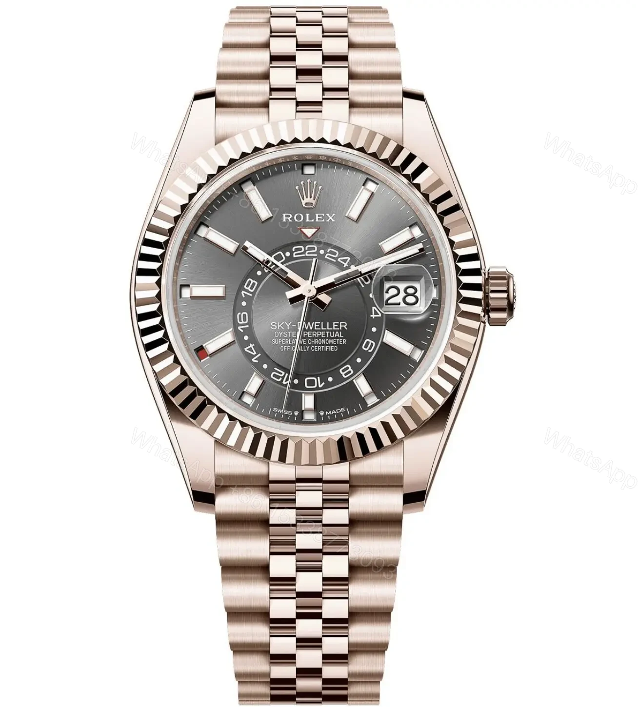 View 8 of Rolex Sky-Dweller Rhodium Dial Rose Gold Replica 2024 – Jubilee Bracelet
