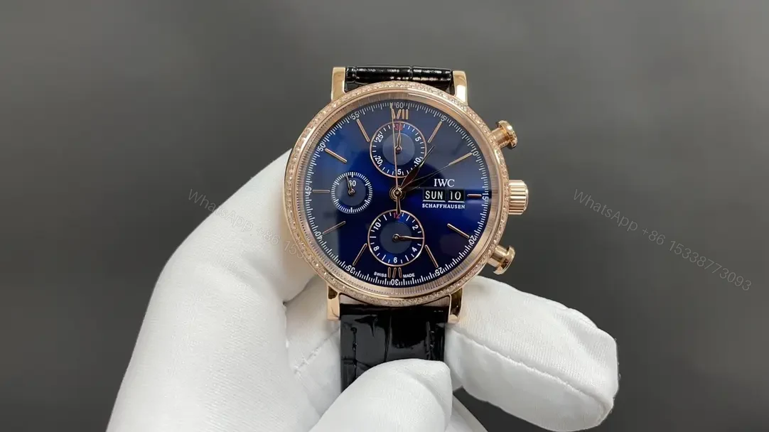 IWC Blue Chronograph Watch Rose Gold Leather Strap Ultimate 42MM IWC-CHR-BLU-RG42-L — view 1
