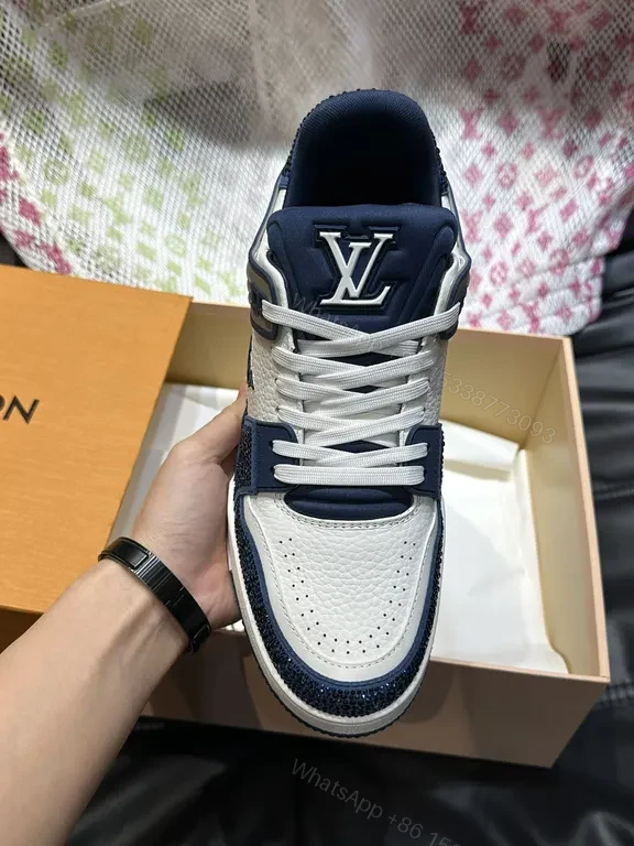 View 6 of White Leather Low-Top Sneakers with Navy LV Accent Brand-Logo
