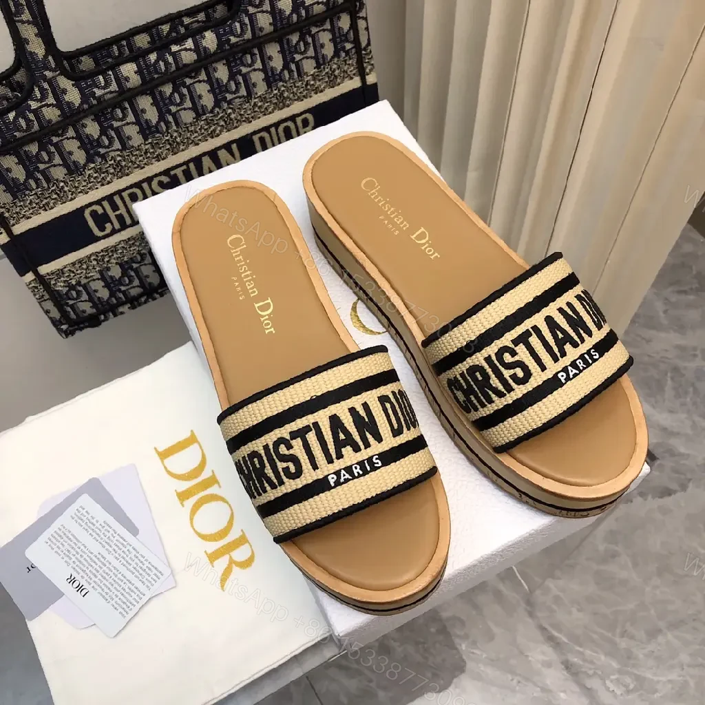 View 2 of Beige Leather Canvas Slip-Ons Dior-Style Logo Strap Sandals