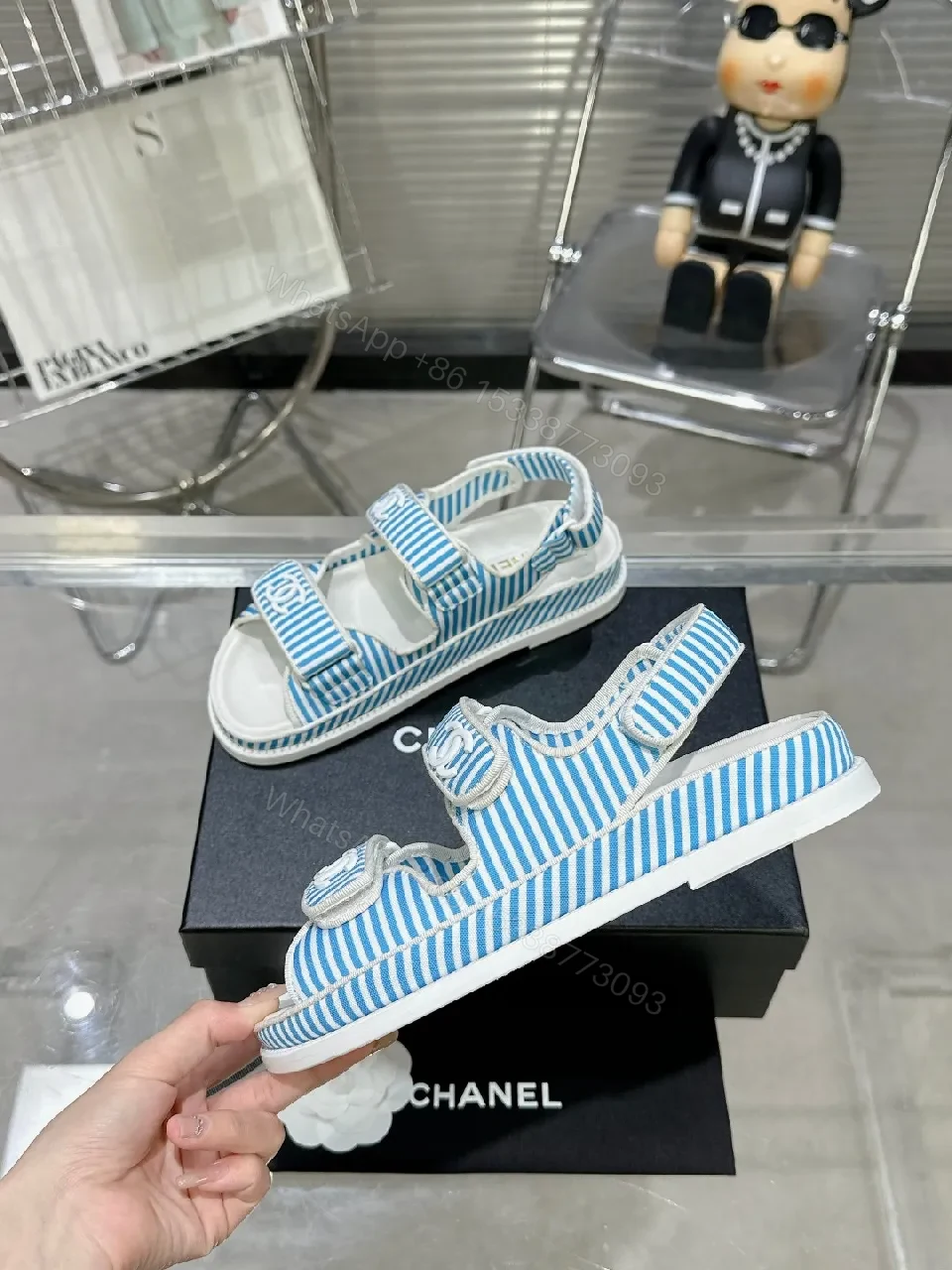 View 8 of Blue Striped Velcro Sandals - Luxe Casual Footwear