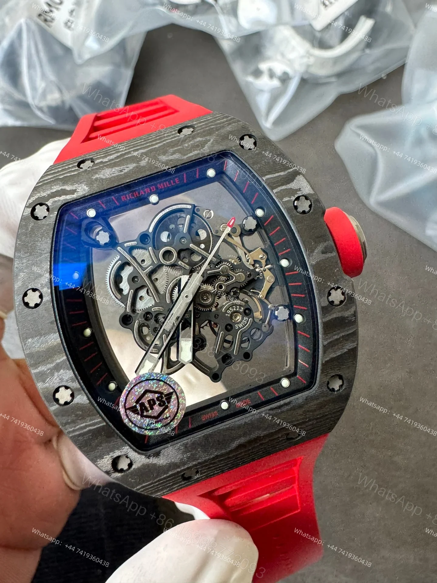 View 5 of Super Clone Richard Mille RM 055 Carbon TPT Red Rubber Strap 1:1 Replica Watch