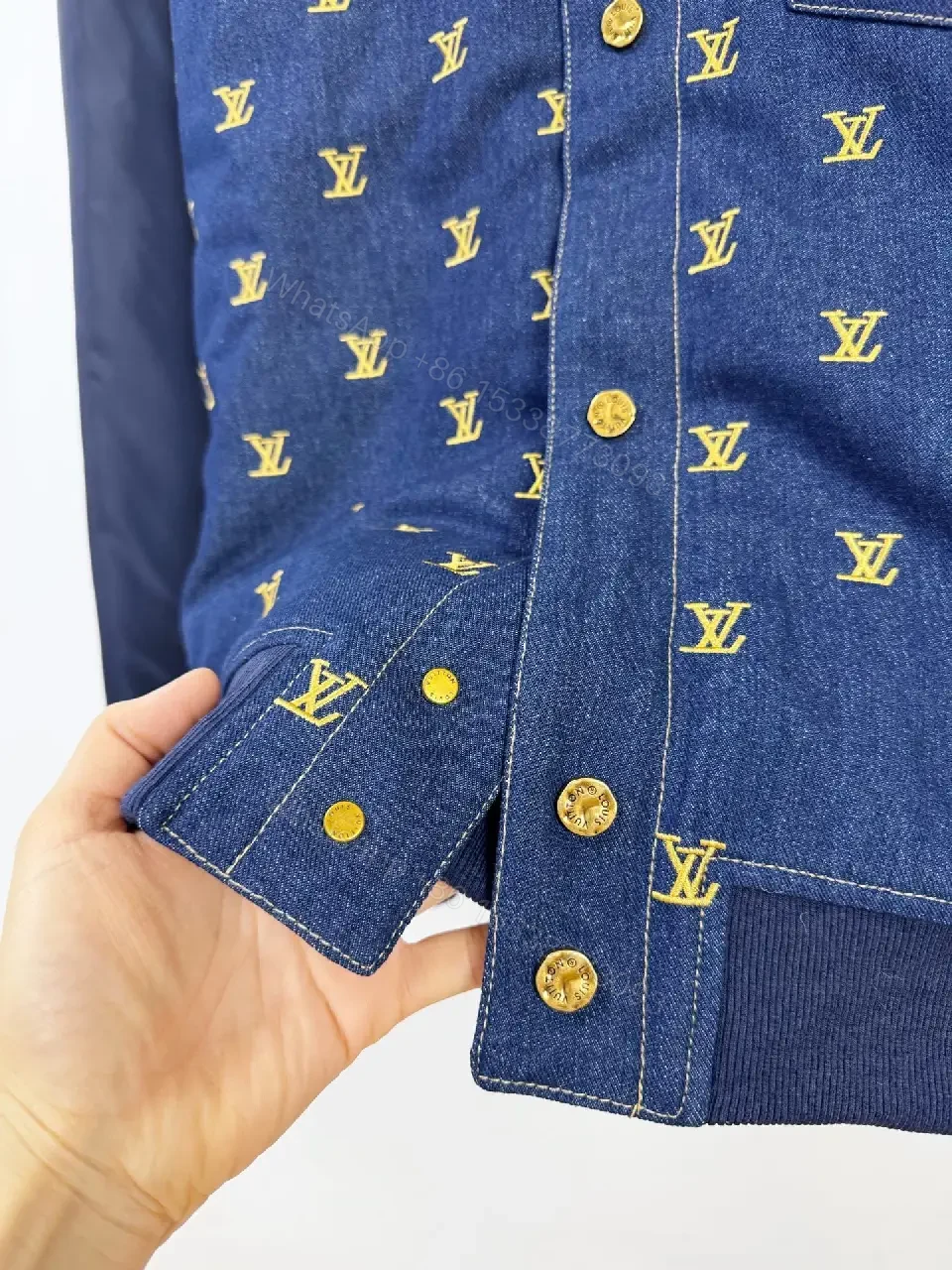 View 7 of Denim Bomber Jacket with Gold Monogram Detailing and Contrast Sleeves