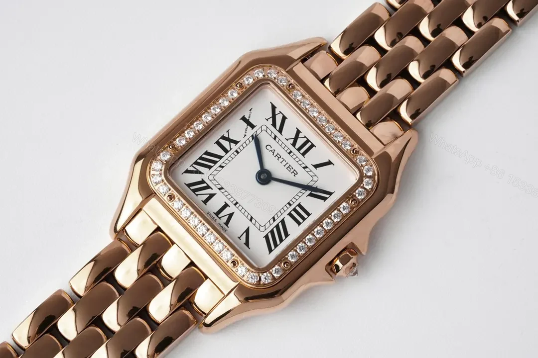 View 2 of V6 Factory Cartier Panthère de Cartier Rose Gold Watch with Diamond Bezel – 27x37mm, Silver Dial, Blue Hands, Sapphire Crystal