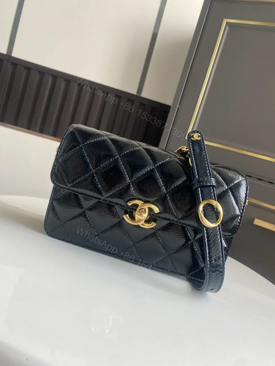 View 4 of Quilted Black Leather Bag with Gold Hardware, Classic Style