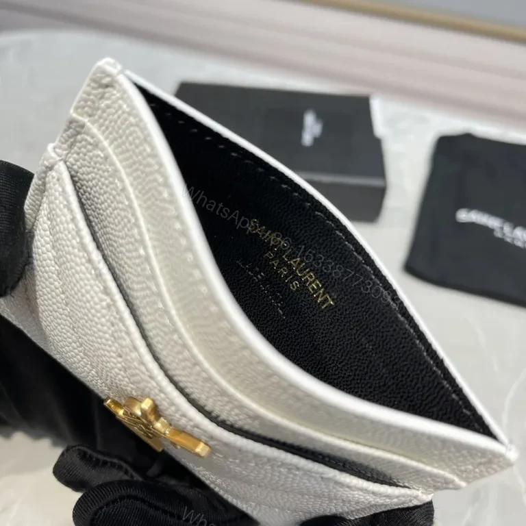 View 4 of White Textured Leather Cardholder with Gold YSL Emblem