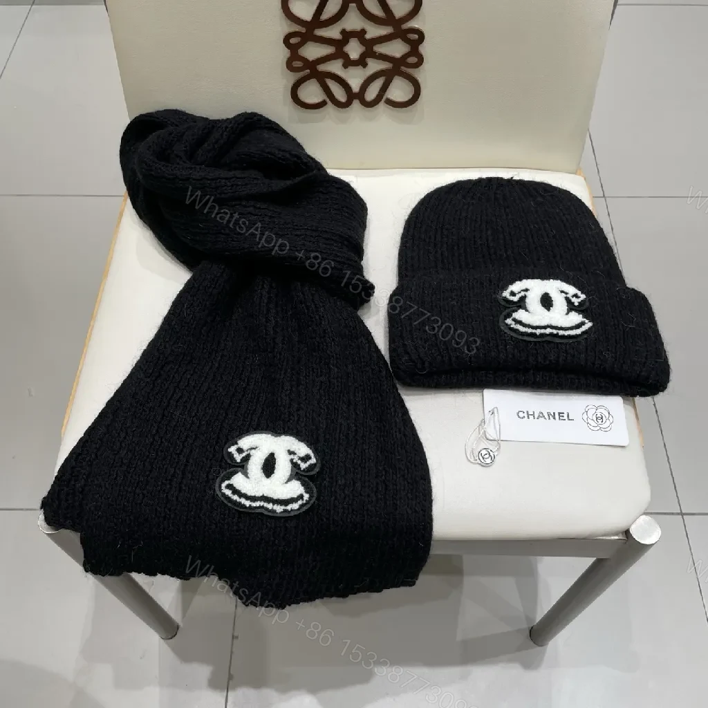 View 4 of Luxe Black Knit Set: Beanie & Scarf with Emblem
