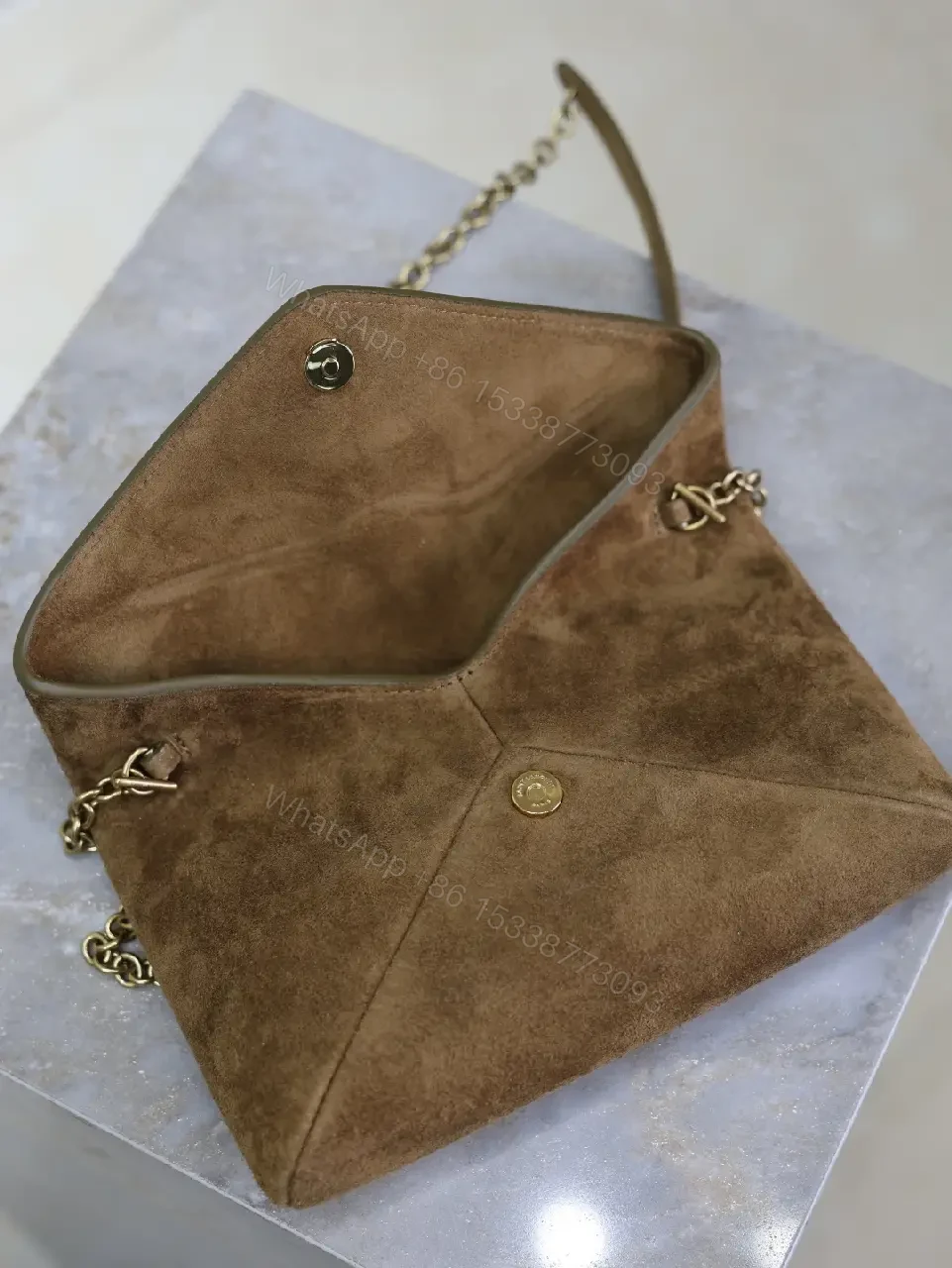 View 7 of Suede Cognac Envelope Bag with Gold Logo Clasp