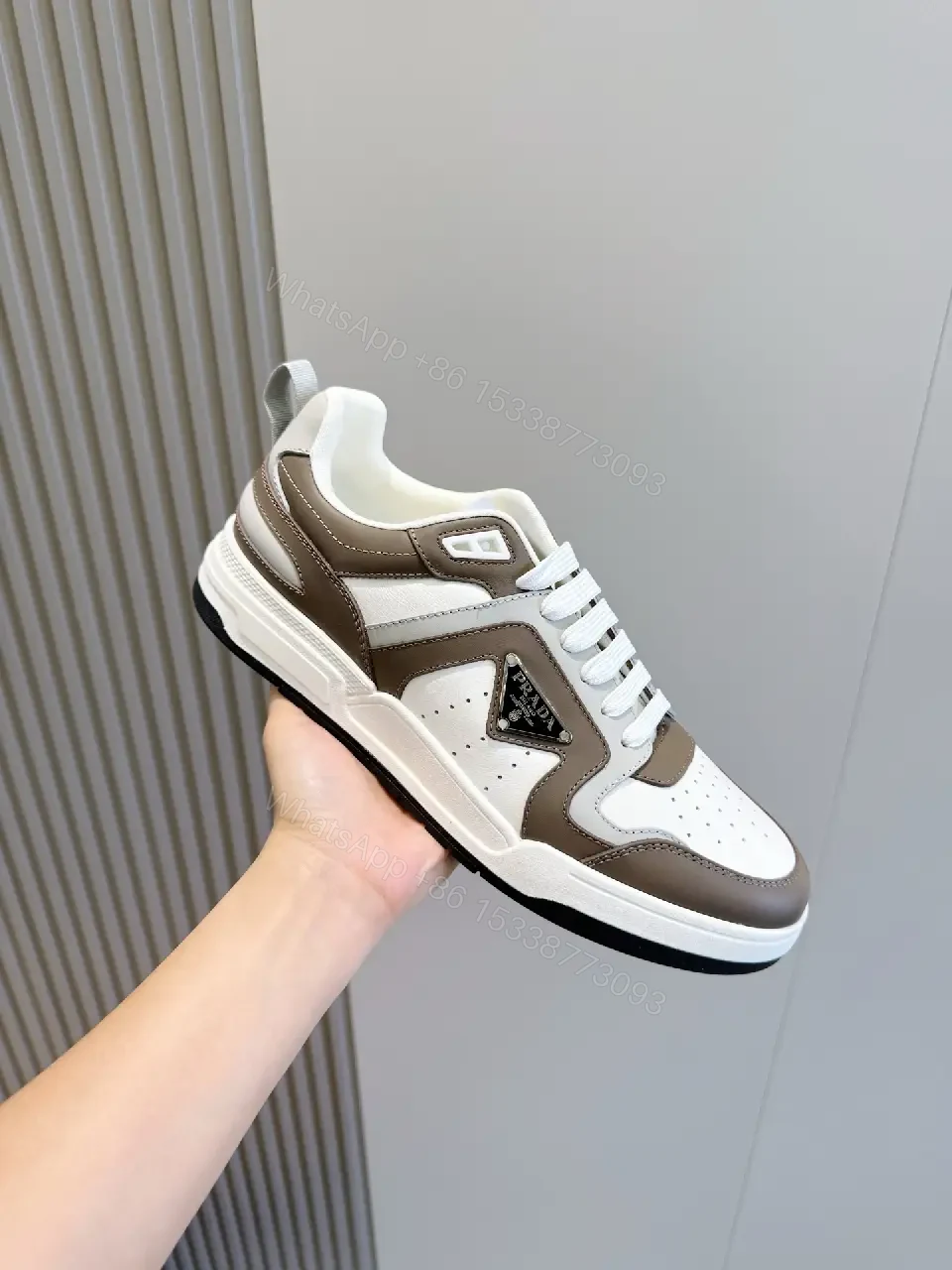 View 4 of White Brown Leather Sneaker with 3D Prada Logo, Lightweight Casual Shoes