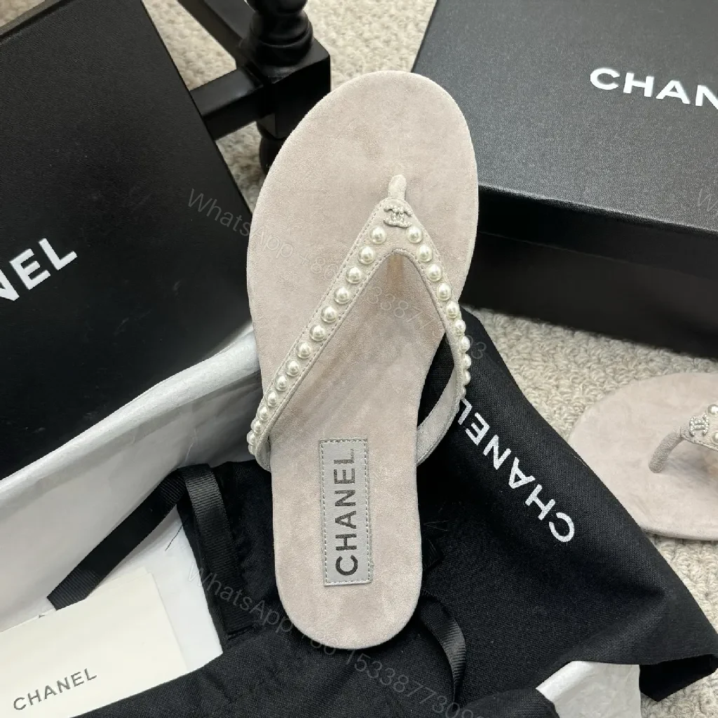 View 7 of Pearl-Embellished Suede-Texture Flip-Flops: Luxe Charm Sandals