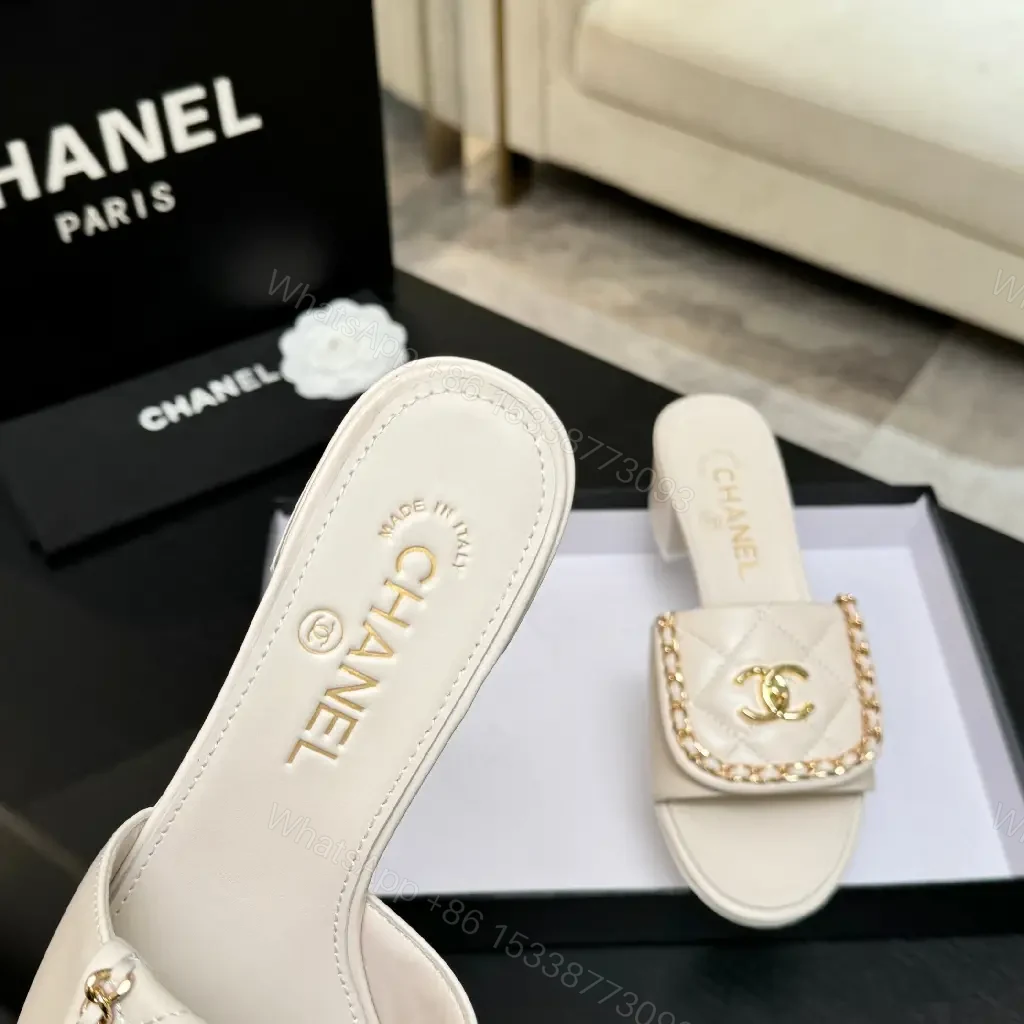 View 6 of Chic Quilted Leather Slides with Gold Logo - Light Beige