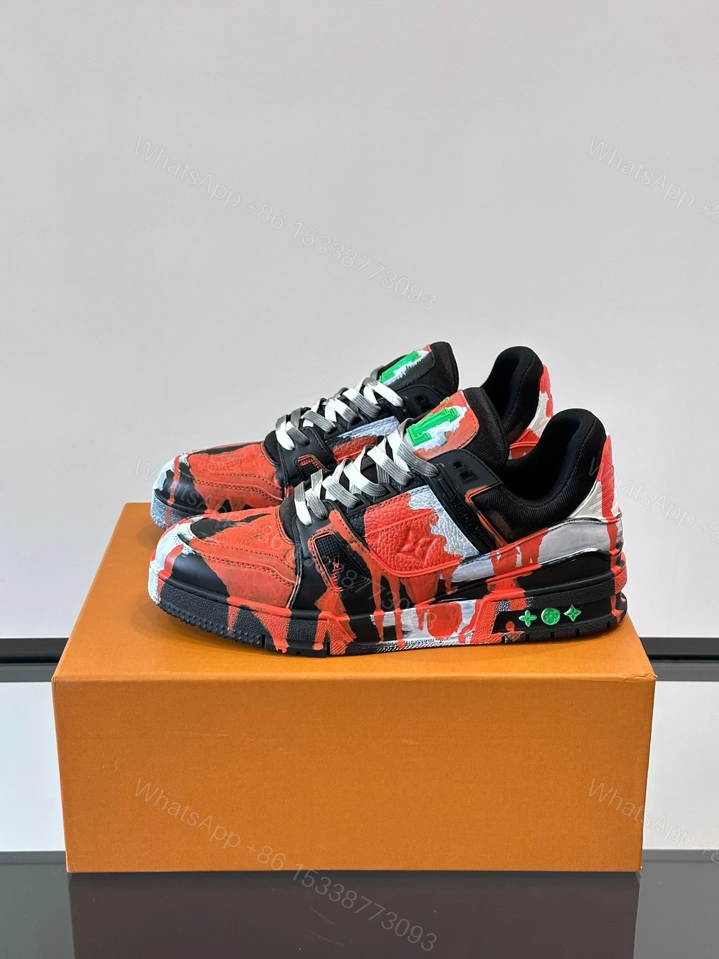 View 3 of LV Men Black Red Painted Leather Sneakers