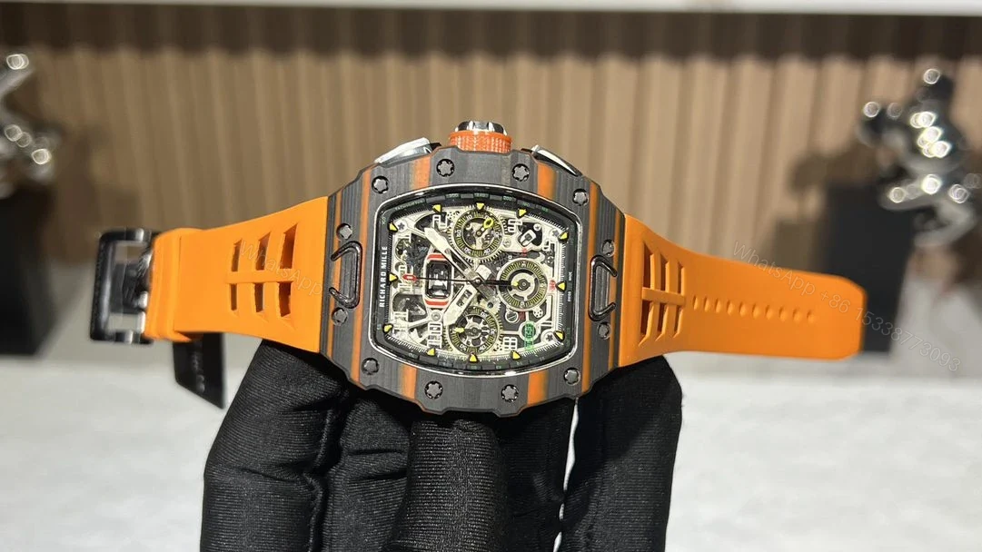 View 4 of Replica Richard Mille RM 11-03 McLaren Carbon Fiber Skeleton Chronograph Orange Rubber Strap