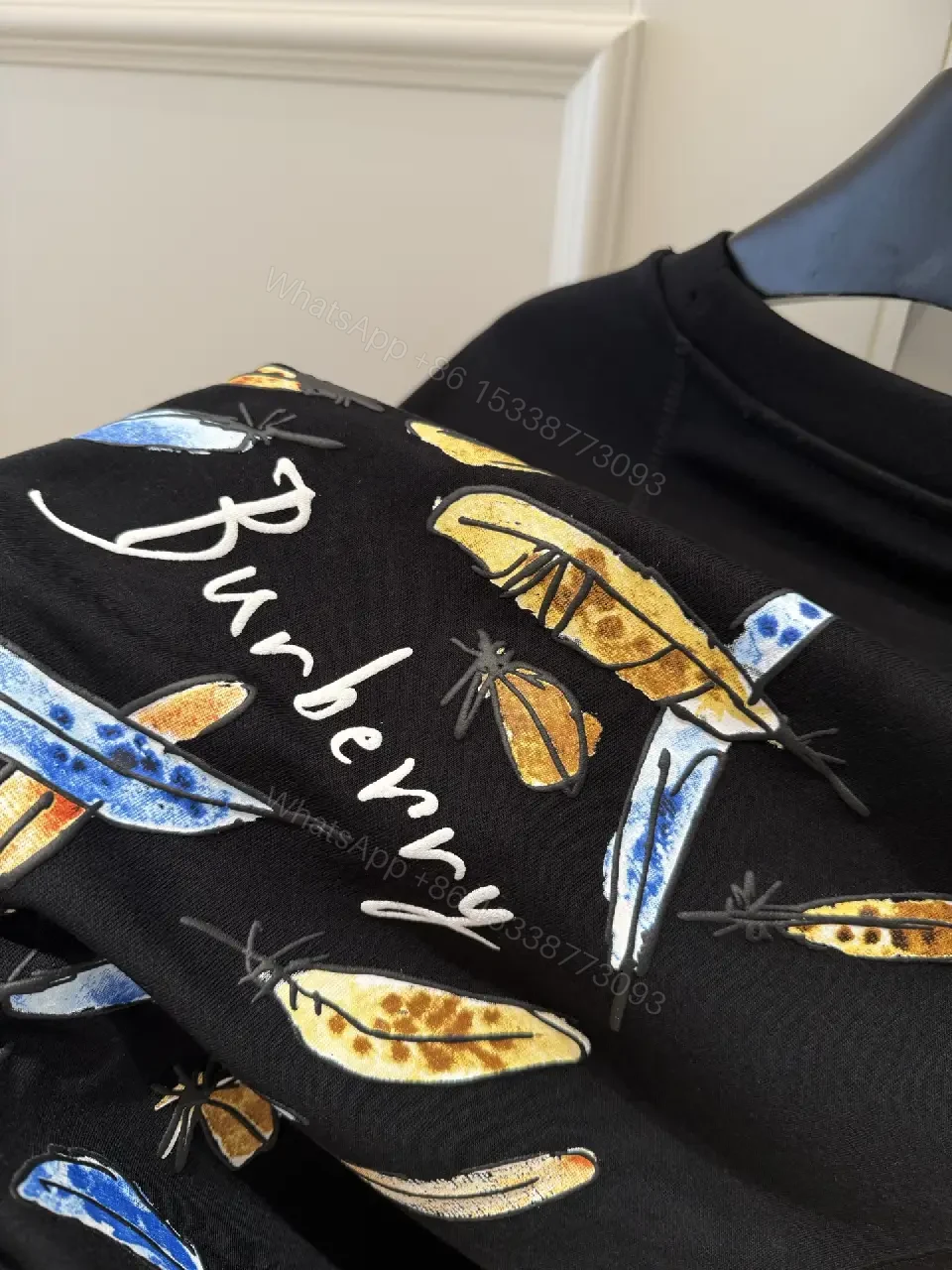 View 7 of Black Cotton T-Shirt with Embroidered Burberry Graphic Tee
