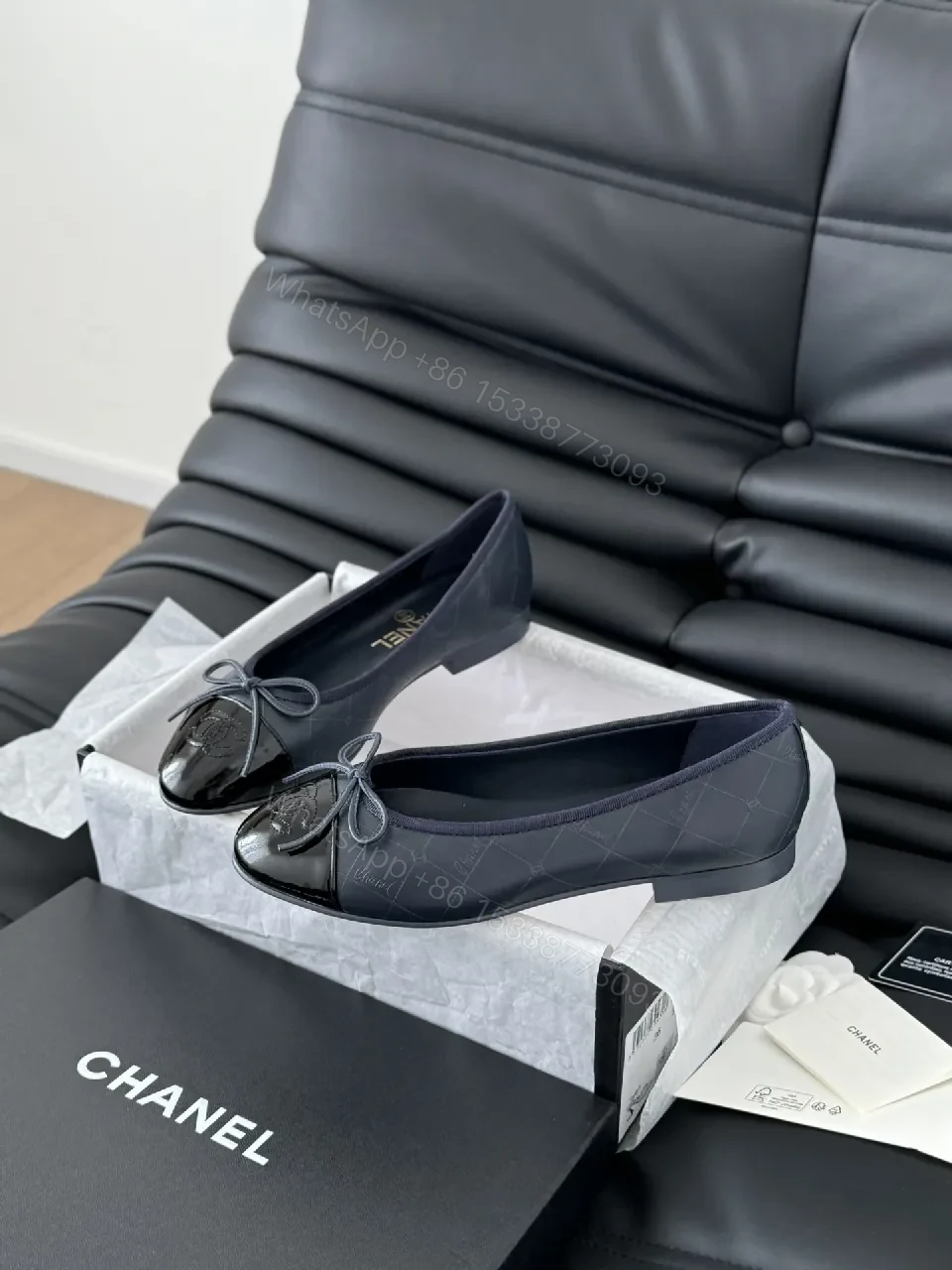 View 6 of Navy Velvet Ballet Flats with Logo Bow – Luxe Comfort