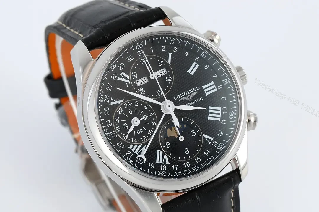 View 4 of Longines Master Collection Moonphase Eight Hand V4 Edition Black Dial Stainless Steel Case Leather Strap