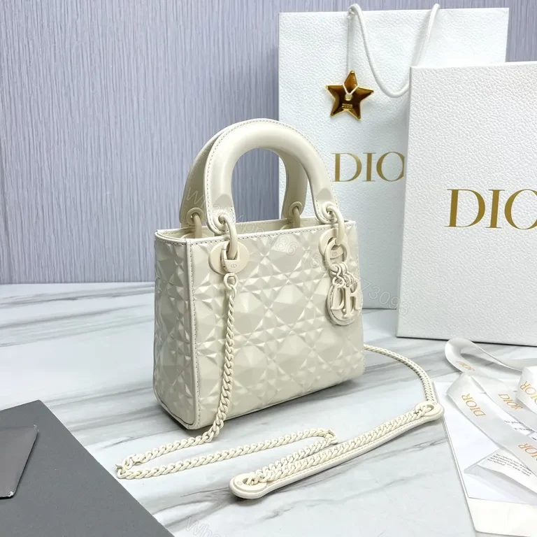 View 6 of Creamy Quilted Faux Dior Handbag - Chain Strap, D&I Charms - Elegant Crossbody