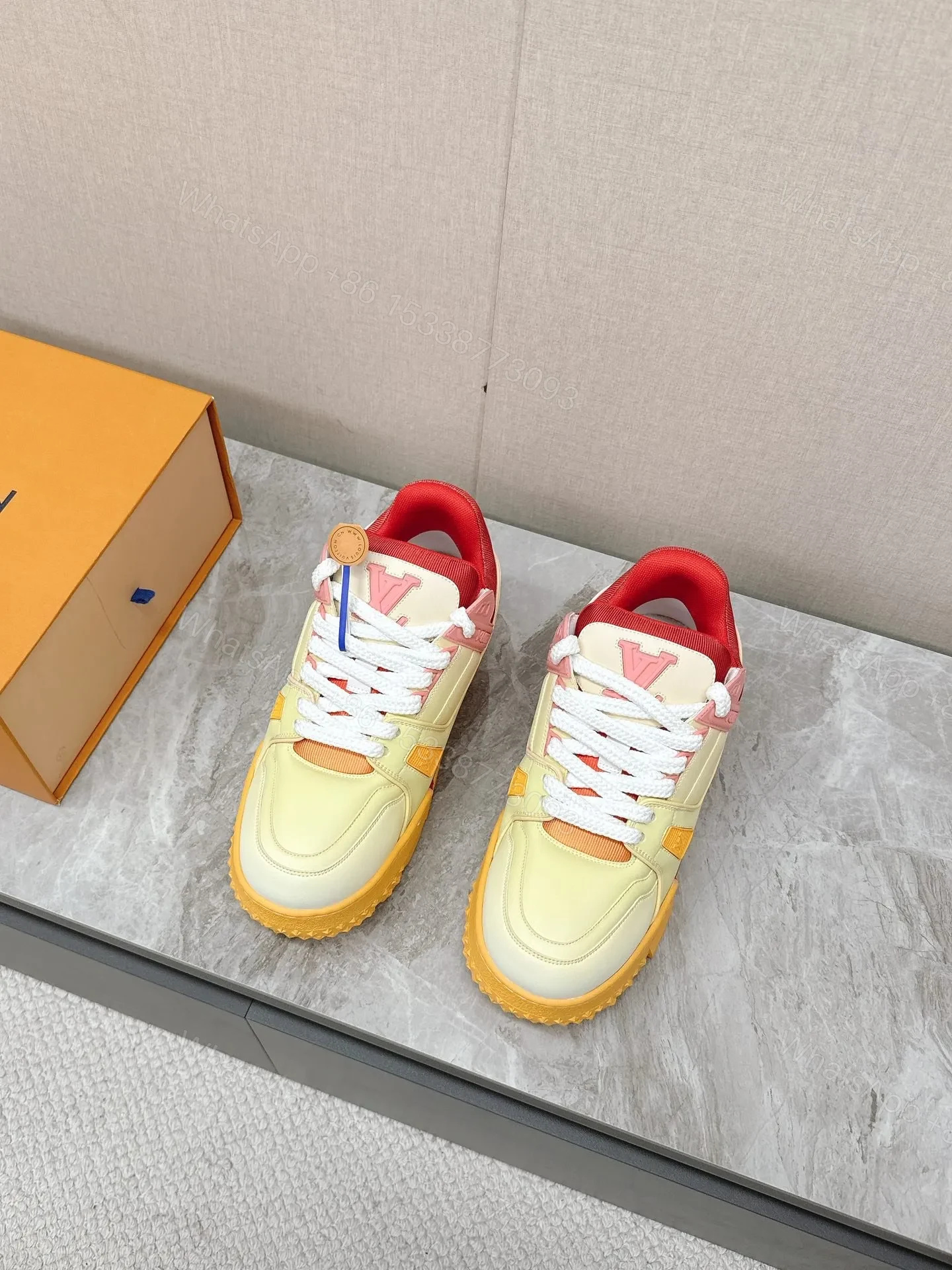 View 4 of LV Women Yellow Leather Orange Accent Sneakers