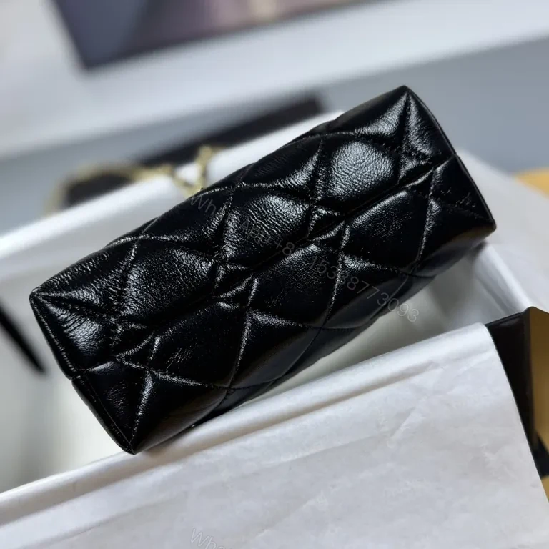 View 9 of Quilted Black Leather Crossbody Bag with Gold Chain