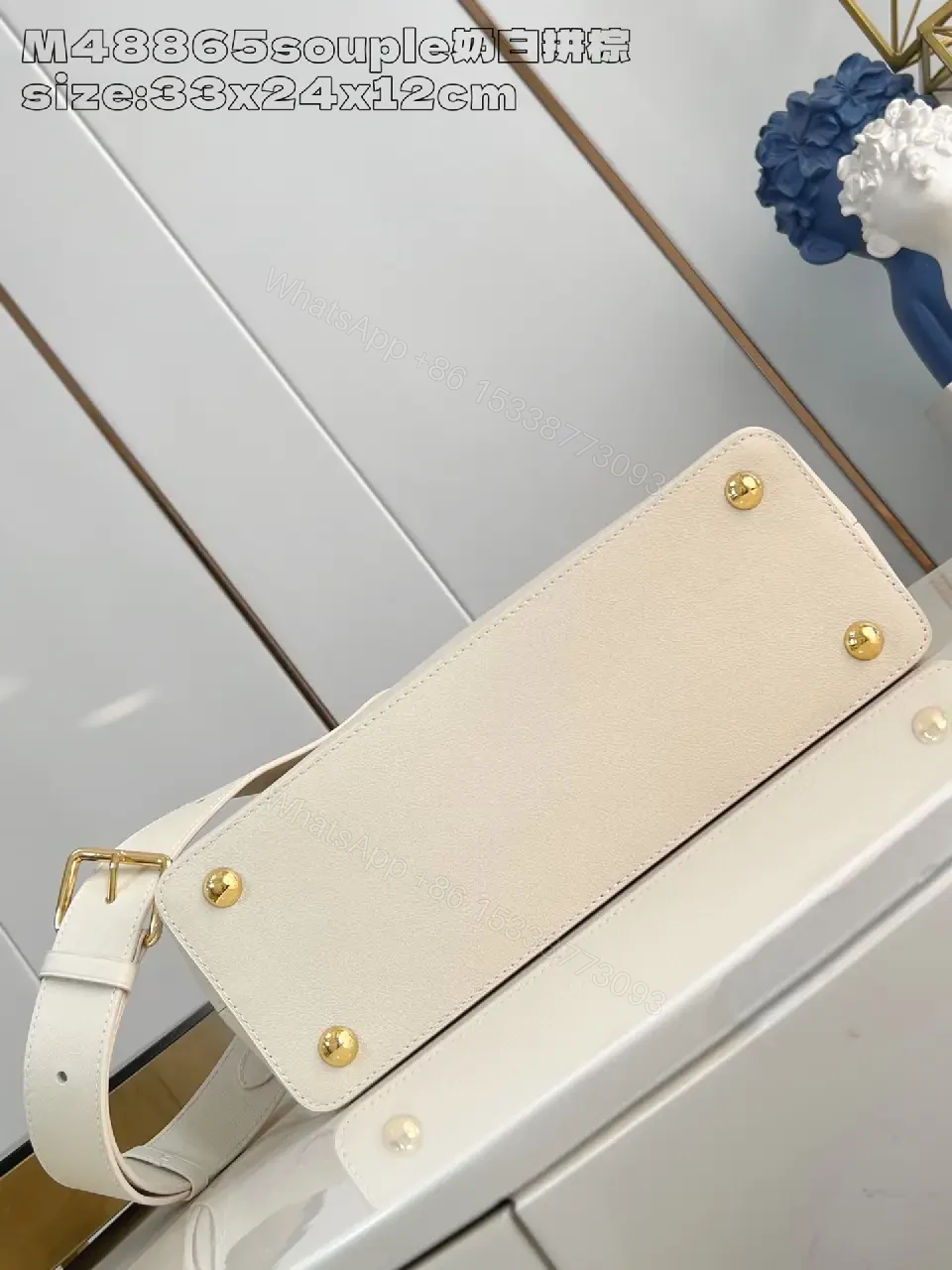 View 6 of Cream Pebbled Leather Structured Handbag with Gold Hardware