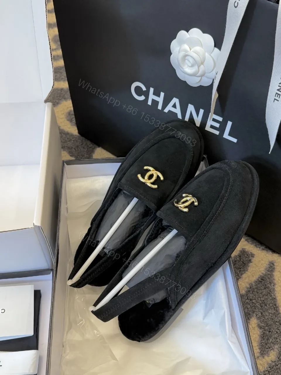 View 6 of Velvet Black Loafers with Gold Logo - Luxe Silhouette