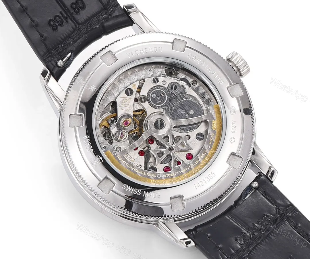 View 9 of GS Factory Vacheron Constantin Traditionnelle Mechanical Watch 83520/000R-9909 – Silver Dial, Black Leather Strap, 40mm Case, Power Reserve, Date, and Day Display