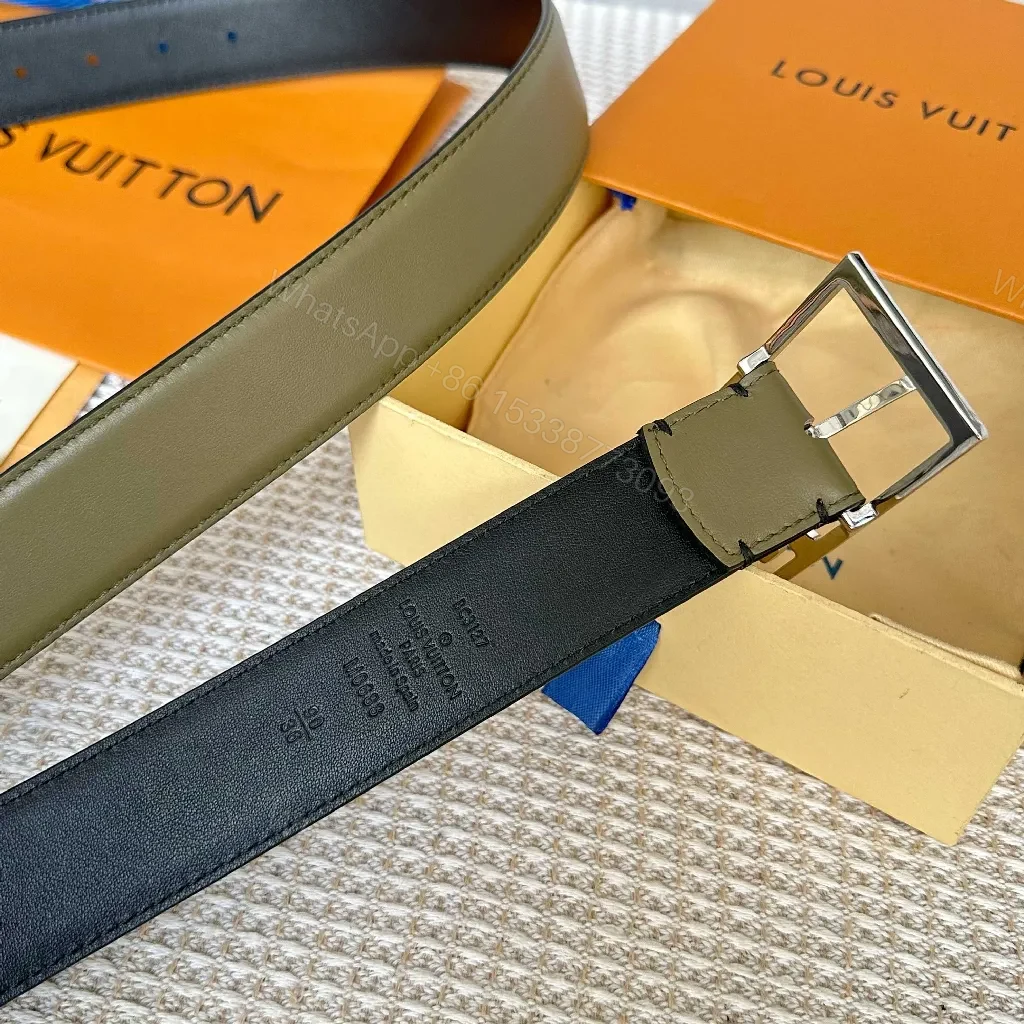 View 7 of Olive/Black Two-Tone Leather Belt with Metallic Buckle