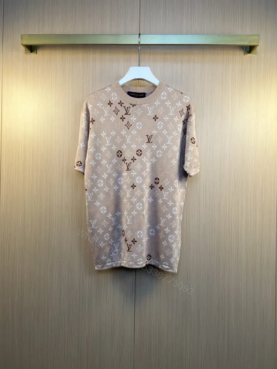 View 3 of Light Beige-Taupe LV Monogram Tee, Relaxed Fit Short Sleeve Crew