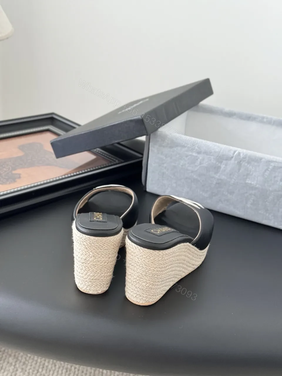 View 4 of Black Leather Espadrille Wedges, Signature Logo, Cushioned Comfort