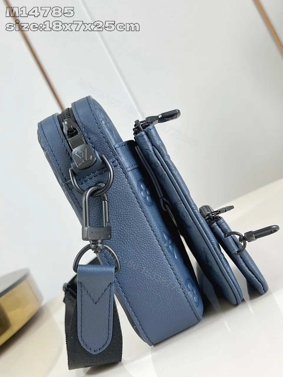 View 3 of Blue Monogram Wallet-on-a-Strap: Compact, Multi‐Compartment Leather-style